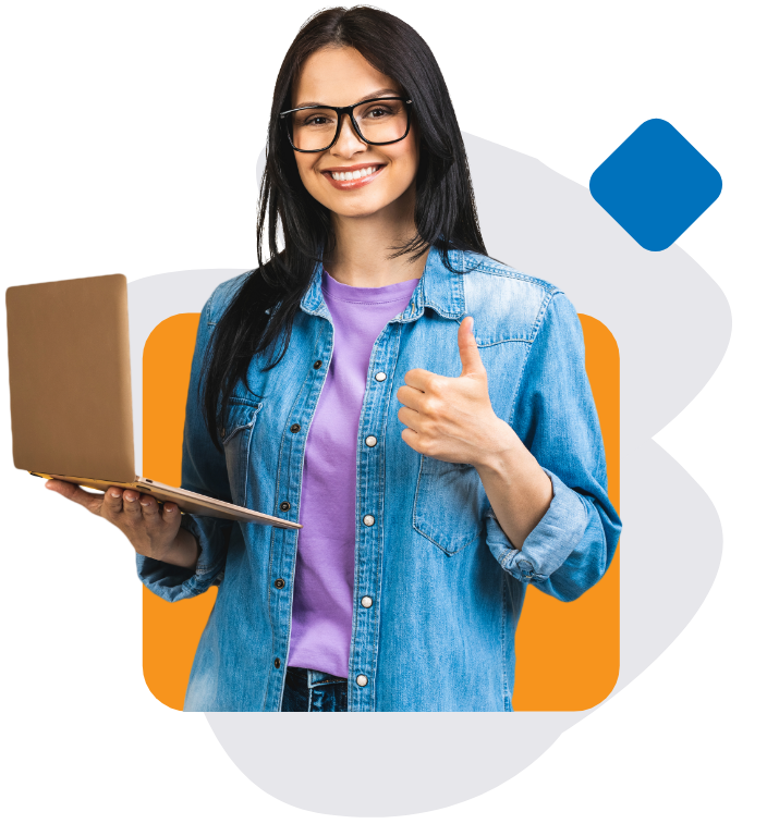Woman holding a laptop while giving a thumbs up